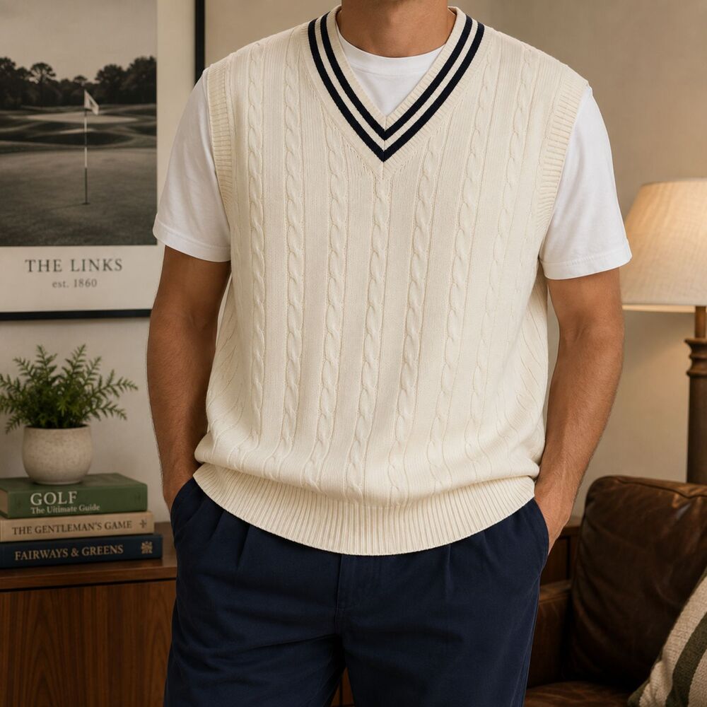 Vintage Tommy Hilfiger Golf Sweater Vest Men's L Cable Knit Preppy Old Money